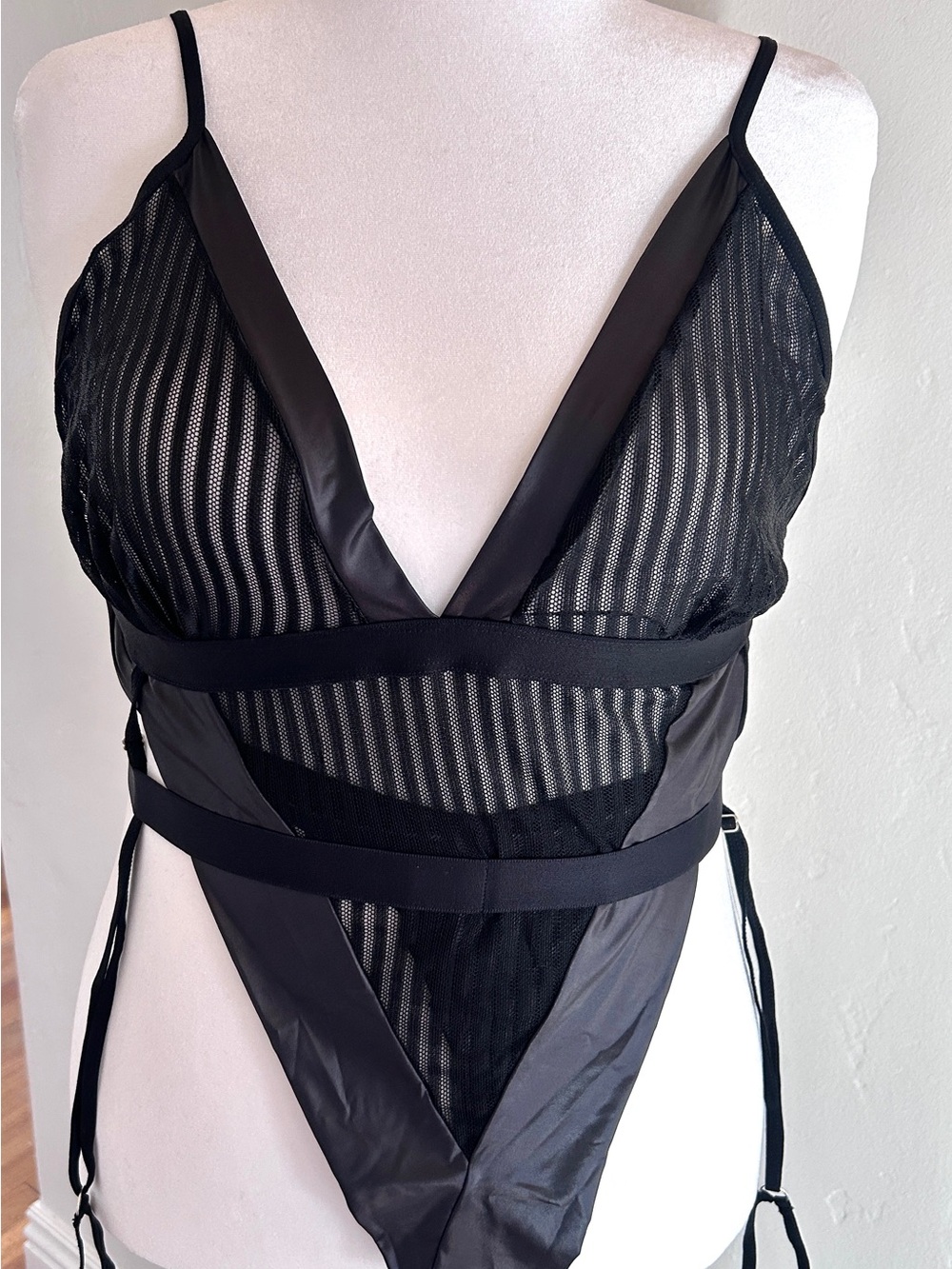Mapale Black Striped Mesh Thong Teddy with Garter Straps NWT 1X/2X